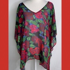 Joyrich Red Rose SemiSheer Kimono Kaftan  Blouse S